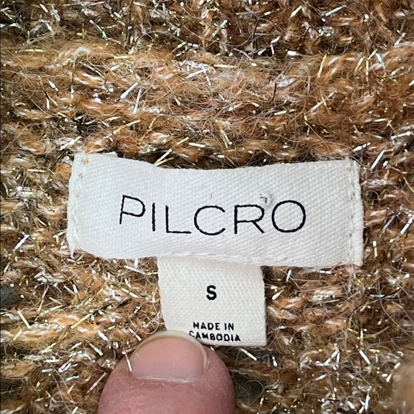PILCRO Anthropologie Gold Sparkle Turtleneck Cable Knit Crop Sweater Size SM - Picture 8 of 13